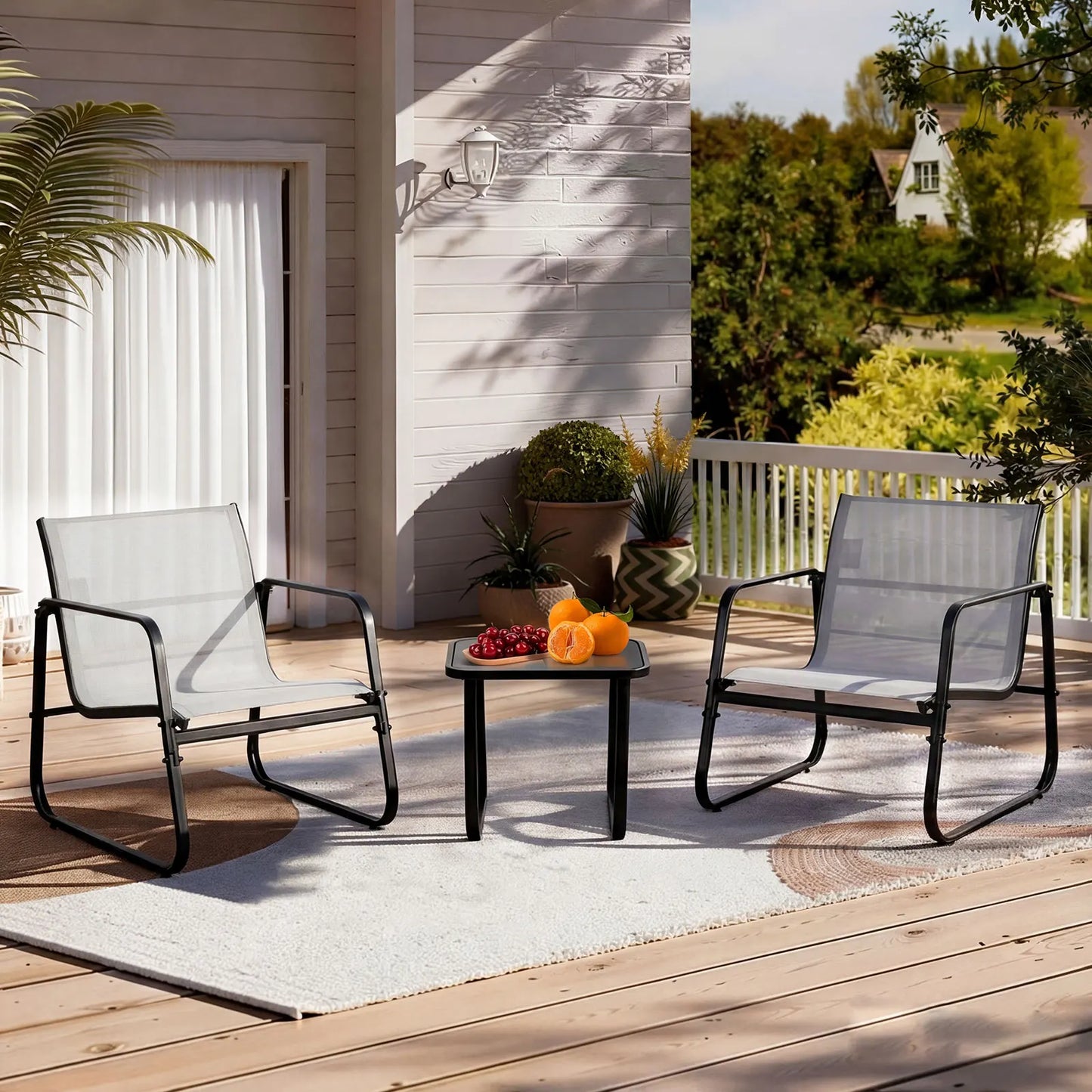 JHK Patio Furniture 3-Piece Set With Table Outdoor Metal Frame Lumbar Support