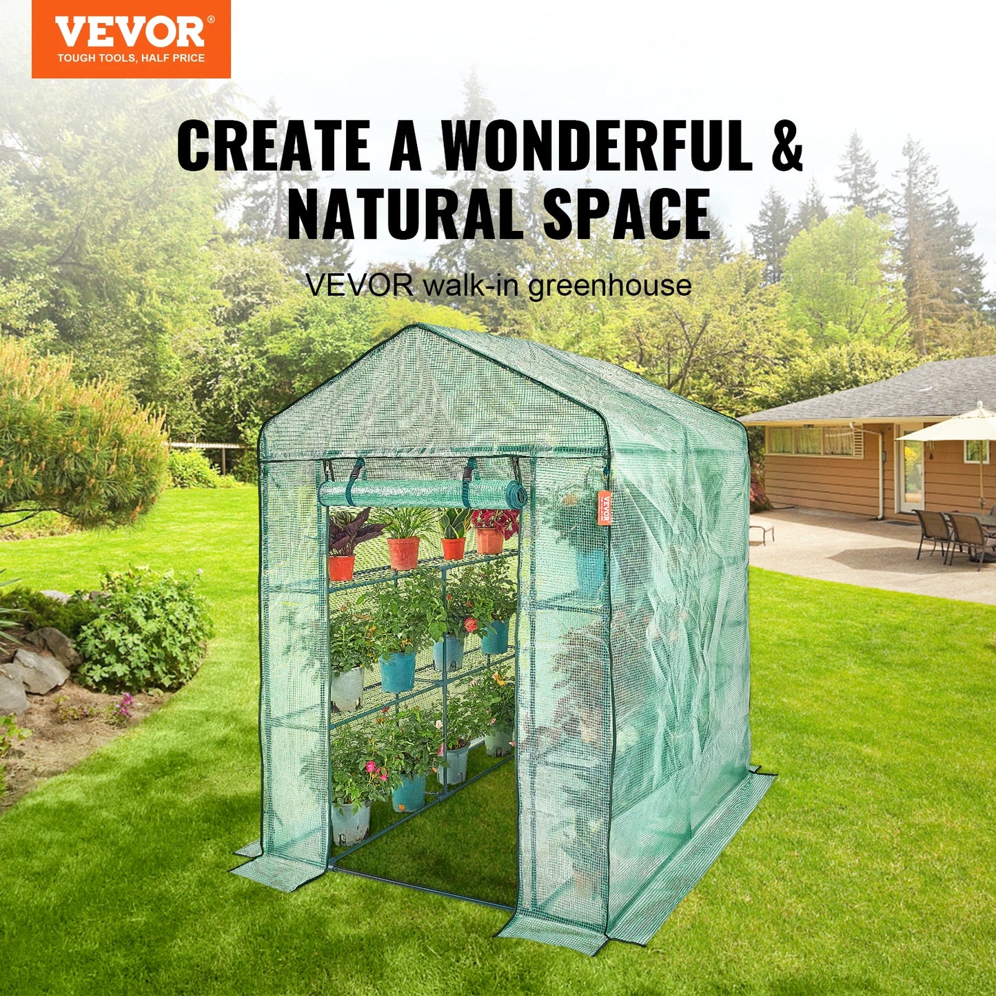 SucceBuy Walk-In Greenhouse With Shelves And Steel Frame