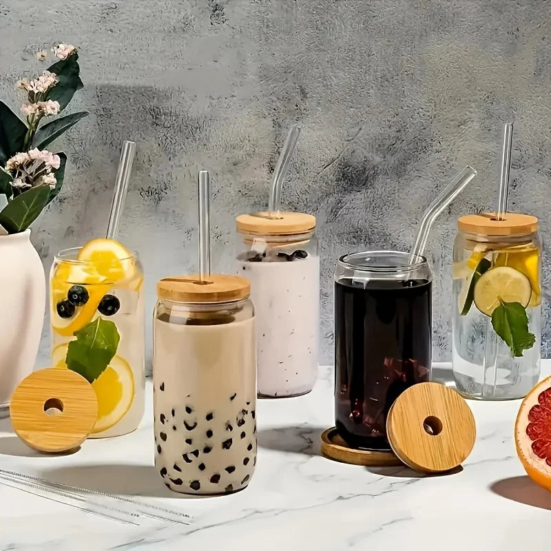 NONEDrinkware Drinking Glasses With Bamboo Lids And Glass Straws