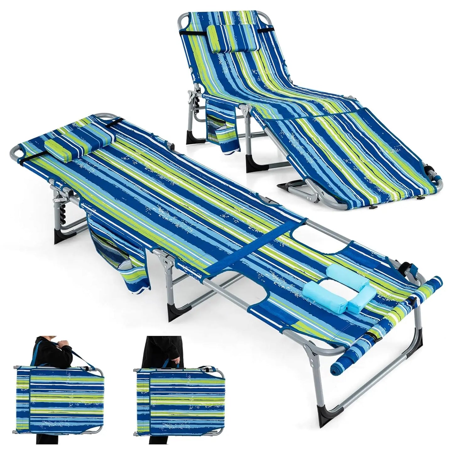 Sunbathing Beach Lounge Folding Chair With Face Arm Hole Strap