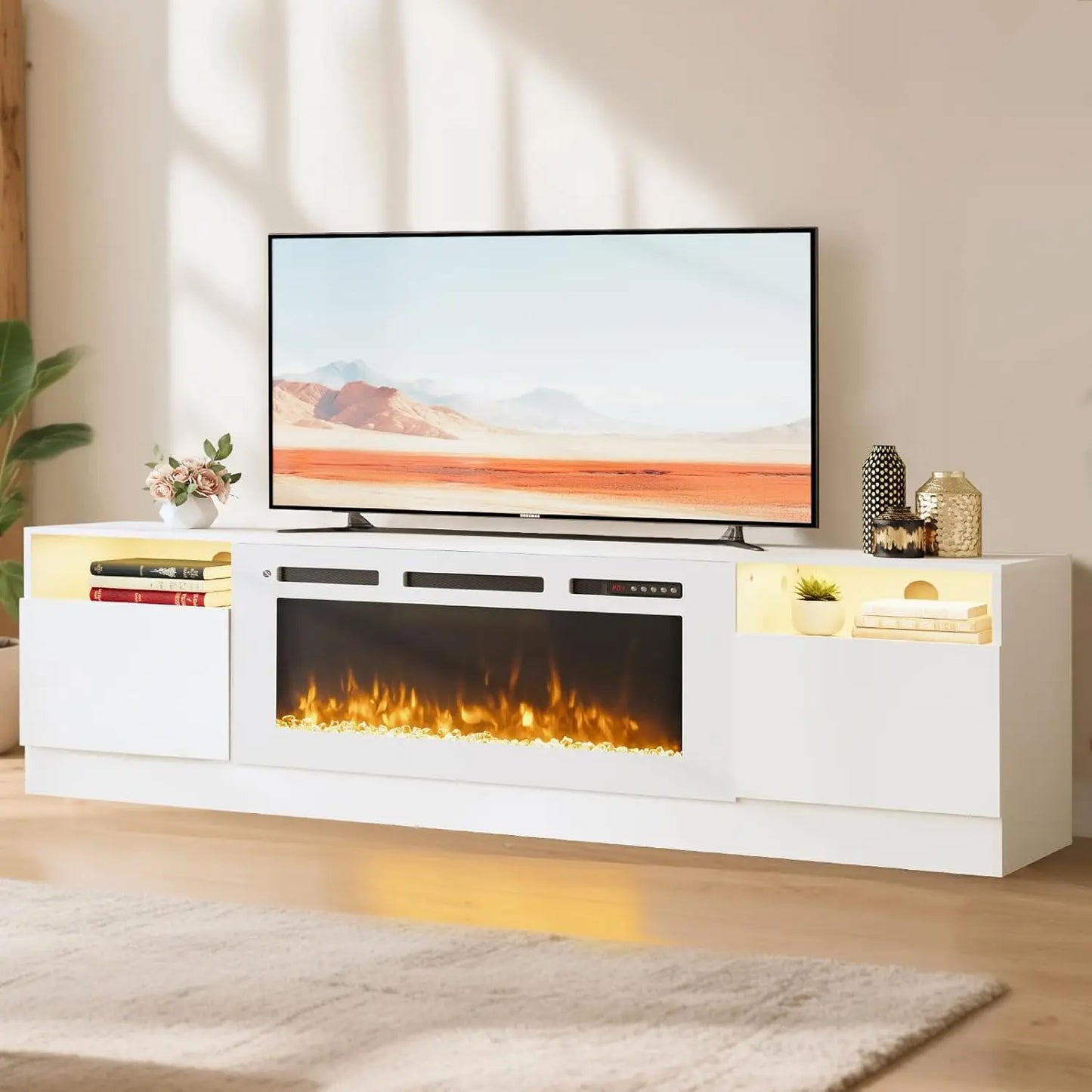 Modern TV Stand With Electric Fireplace And Storage Cabinet