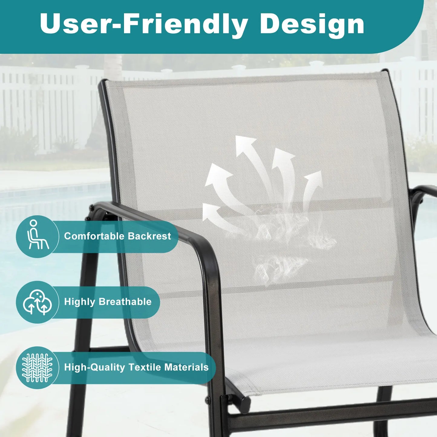 JHK Patio Furniture 3-Piece Set With Table Outdoor Metal Frame Lumbar Support
