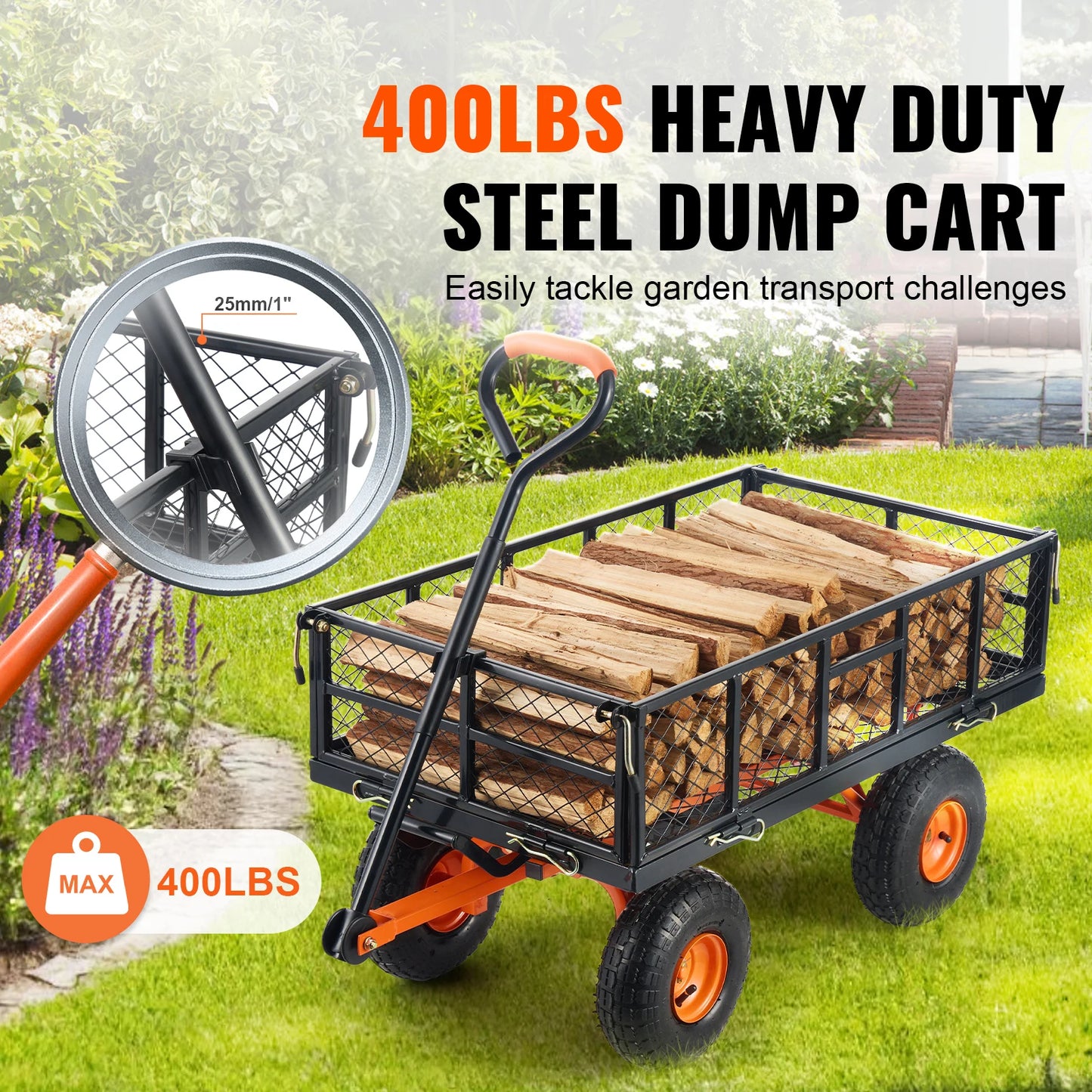 SucceBuy Garden Cart Sturdy Metal Utility Wagon With Dump Cart