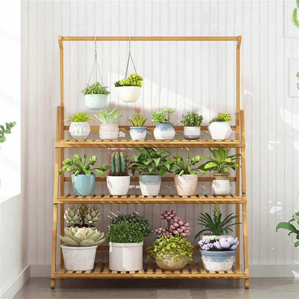 Folding Bamboo 3 Tier Plant Stand Ladder Style Indoor Outdoor