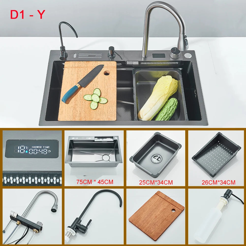 Waterfall Kitchen Sink With Digital Display 304 Stainless Steel