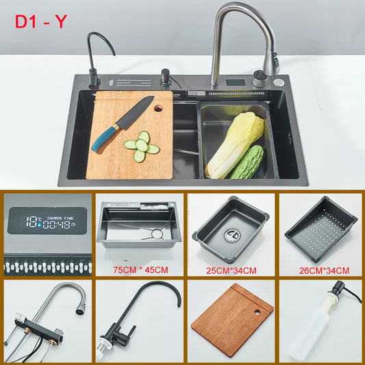 Waterfall Kitchen Sink With Digital Display 304 Stainless Steel