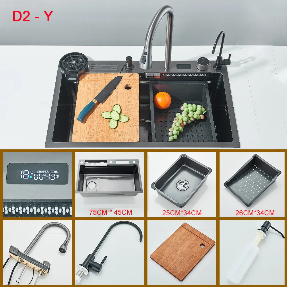 Waterfall Kitchen Sink With Digital Display 304 Stainless Steel