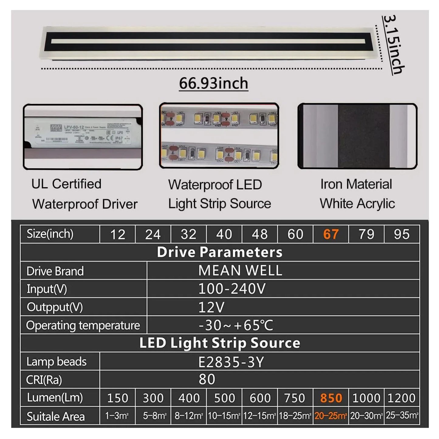 Outdoor Long Strip Modern LED Wall Sconce Frosted Acrylic IP67