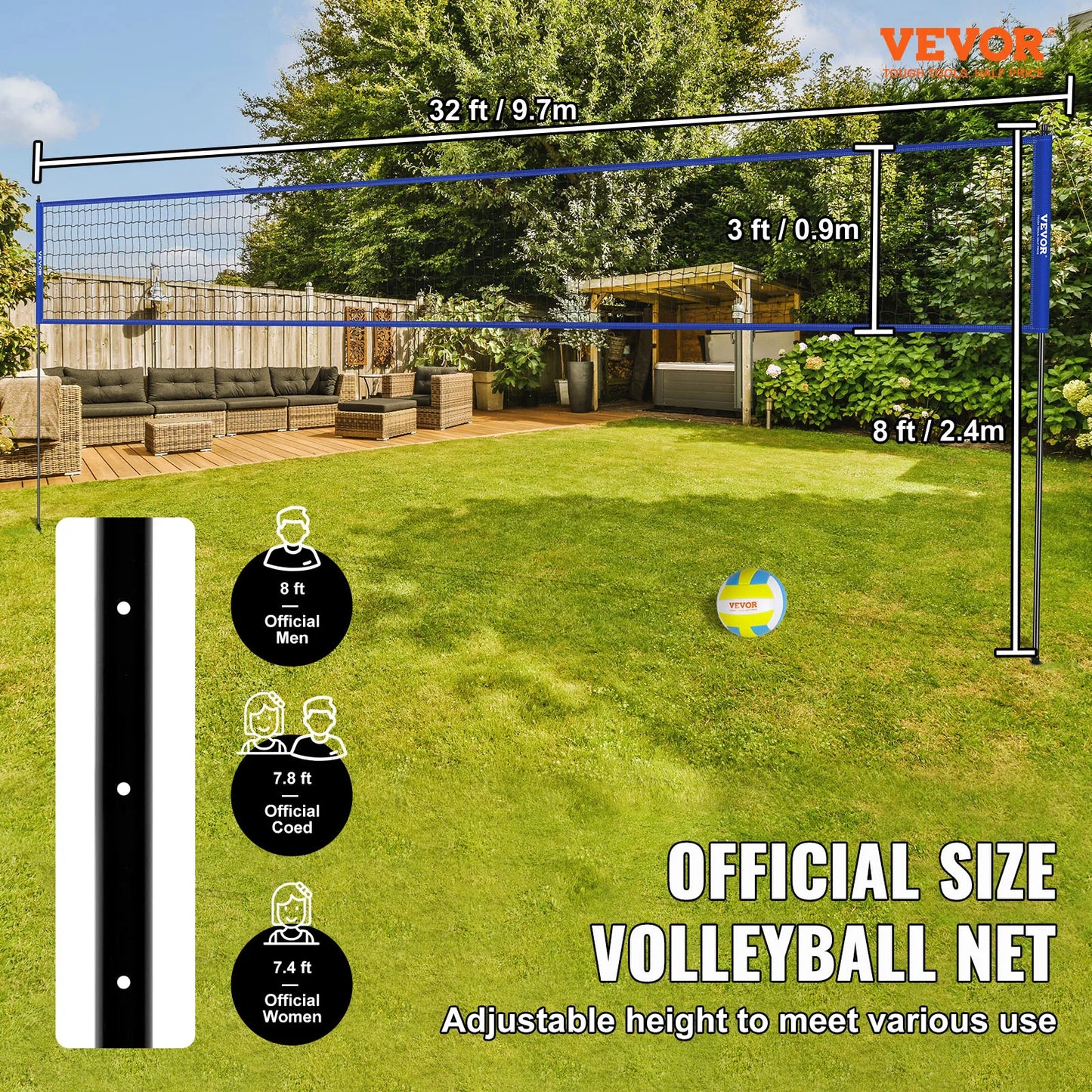 Outdoor Volleyball Net System With Adjustable Poles And Pump