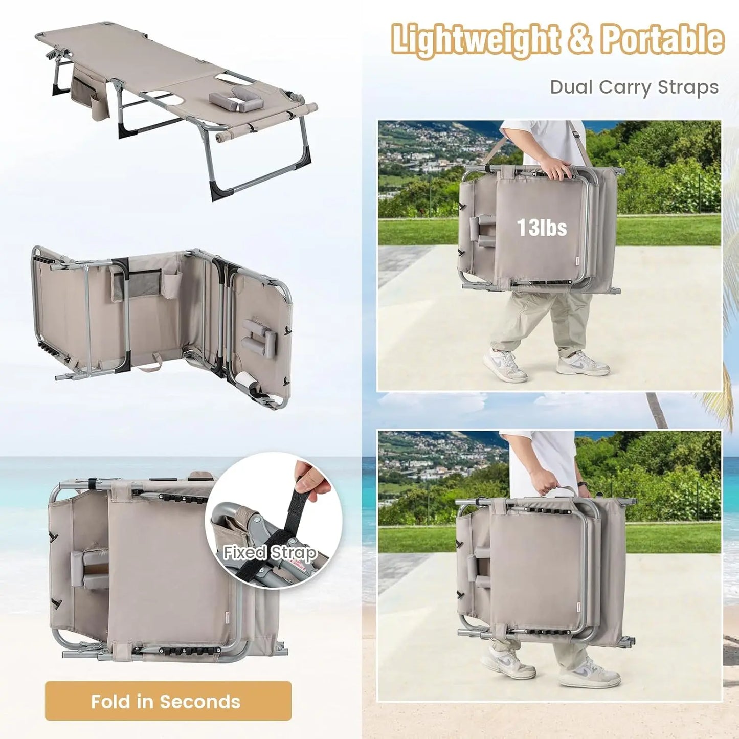 Sunbathing Beach Lounge Folding Chair With Face Arm Hole Strap