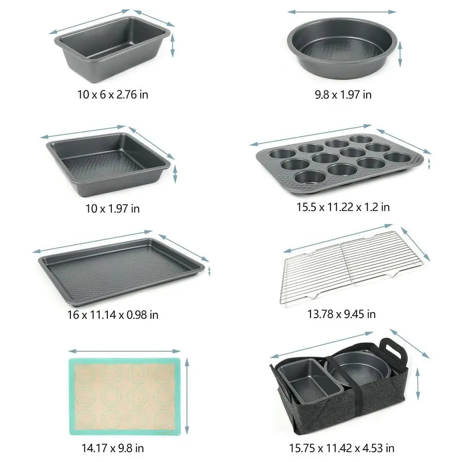8Piece Nonstick Bakeware Set, Carbon Steel Bake Set 8Pcs with Round Cake Pan, Square Cake Pan, Pie pan,Loaf Pan, Muffin Pan, Coo
