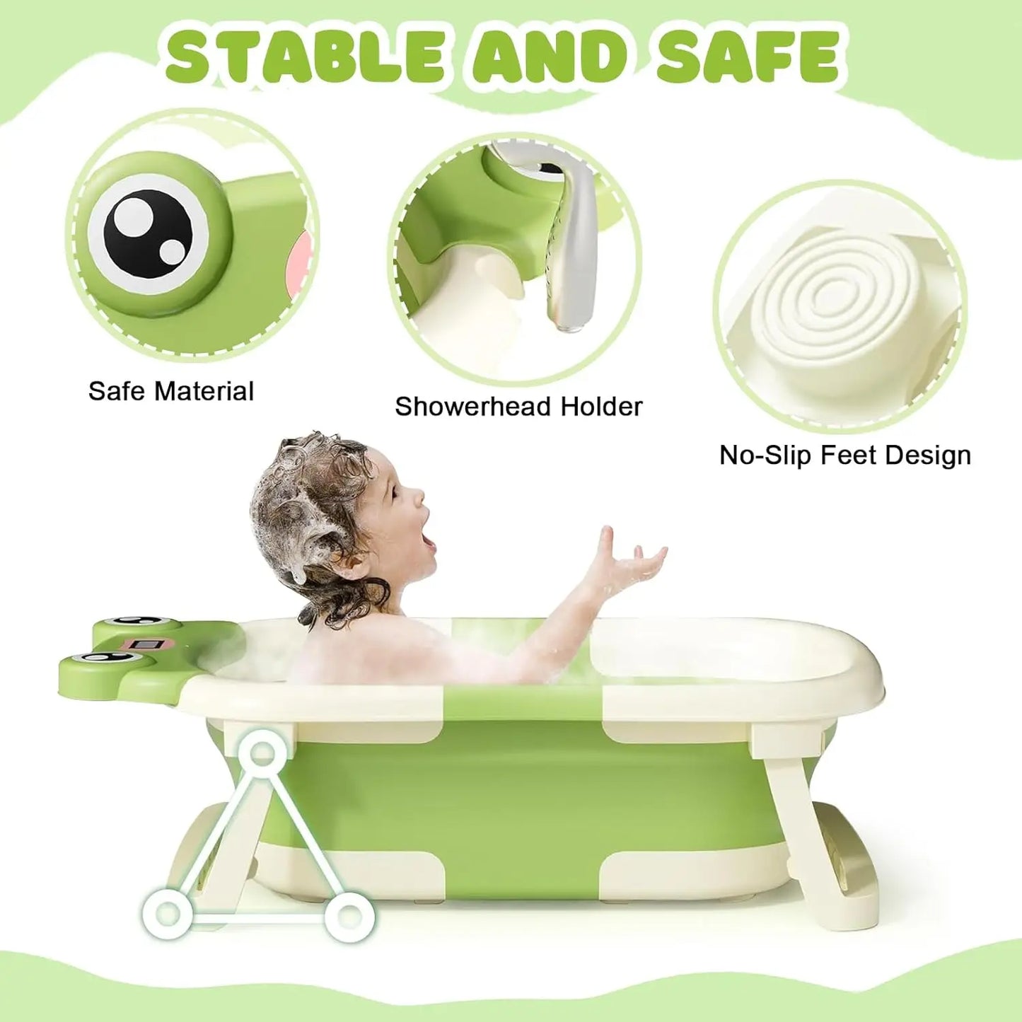 Foldable Baby Bath Tub With Cushion And Thermometer And Shower Cap And Brush