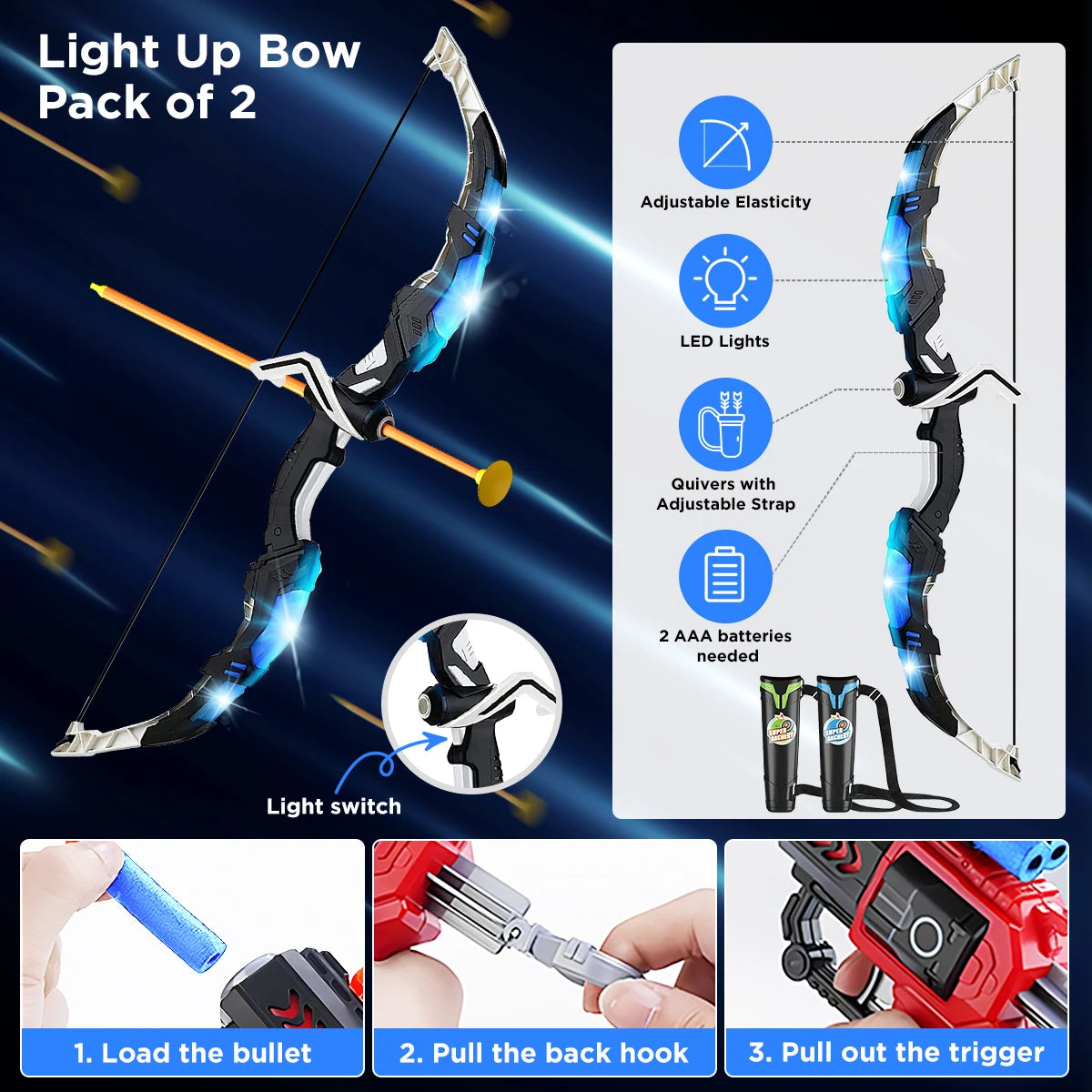 VATOS 2X Bow Arrow Gun Toy Set For Kids Night Light Archery Target