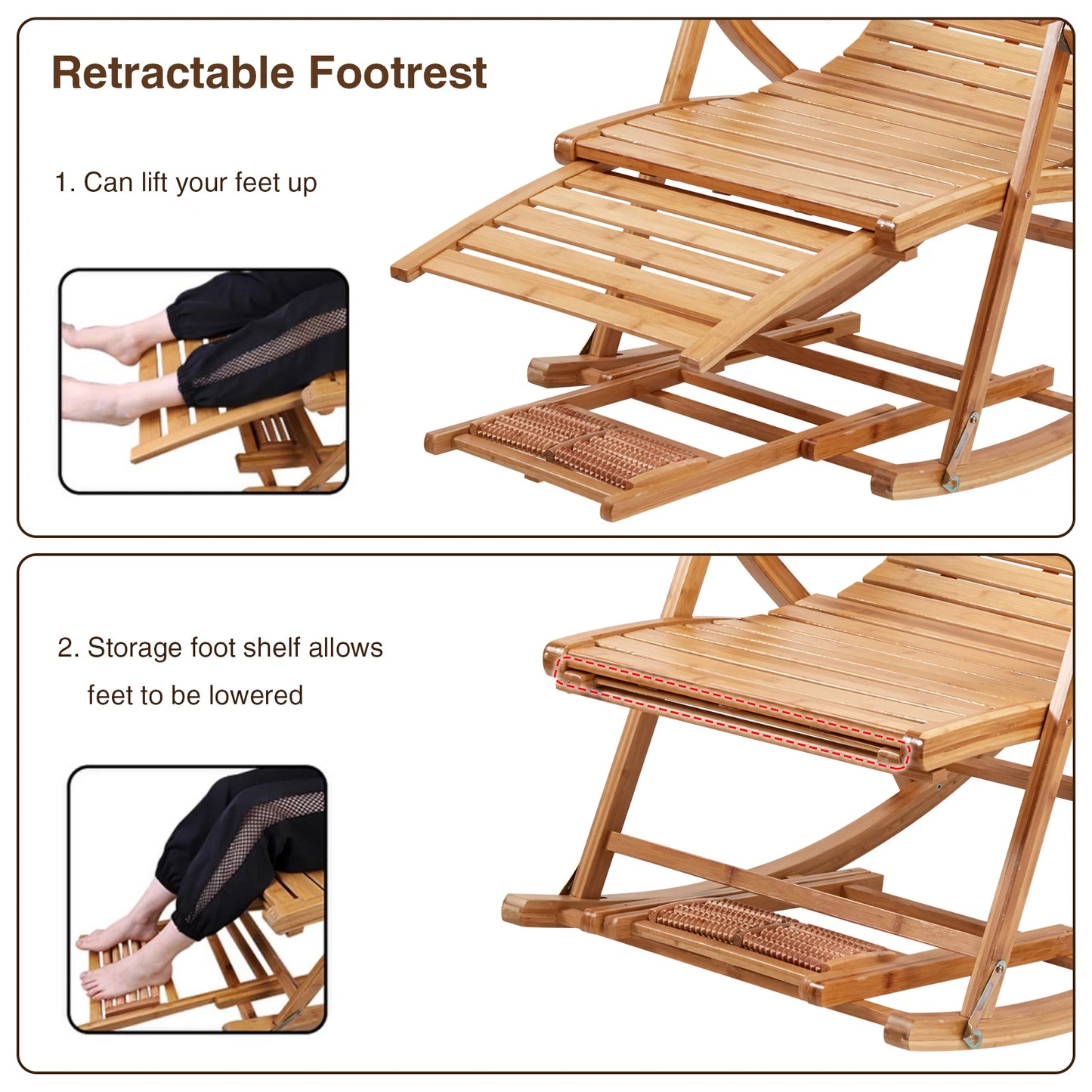 Bamboo Heavy Duty Folding Rocking Chair Adjustable Indoor Outdoor