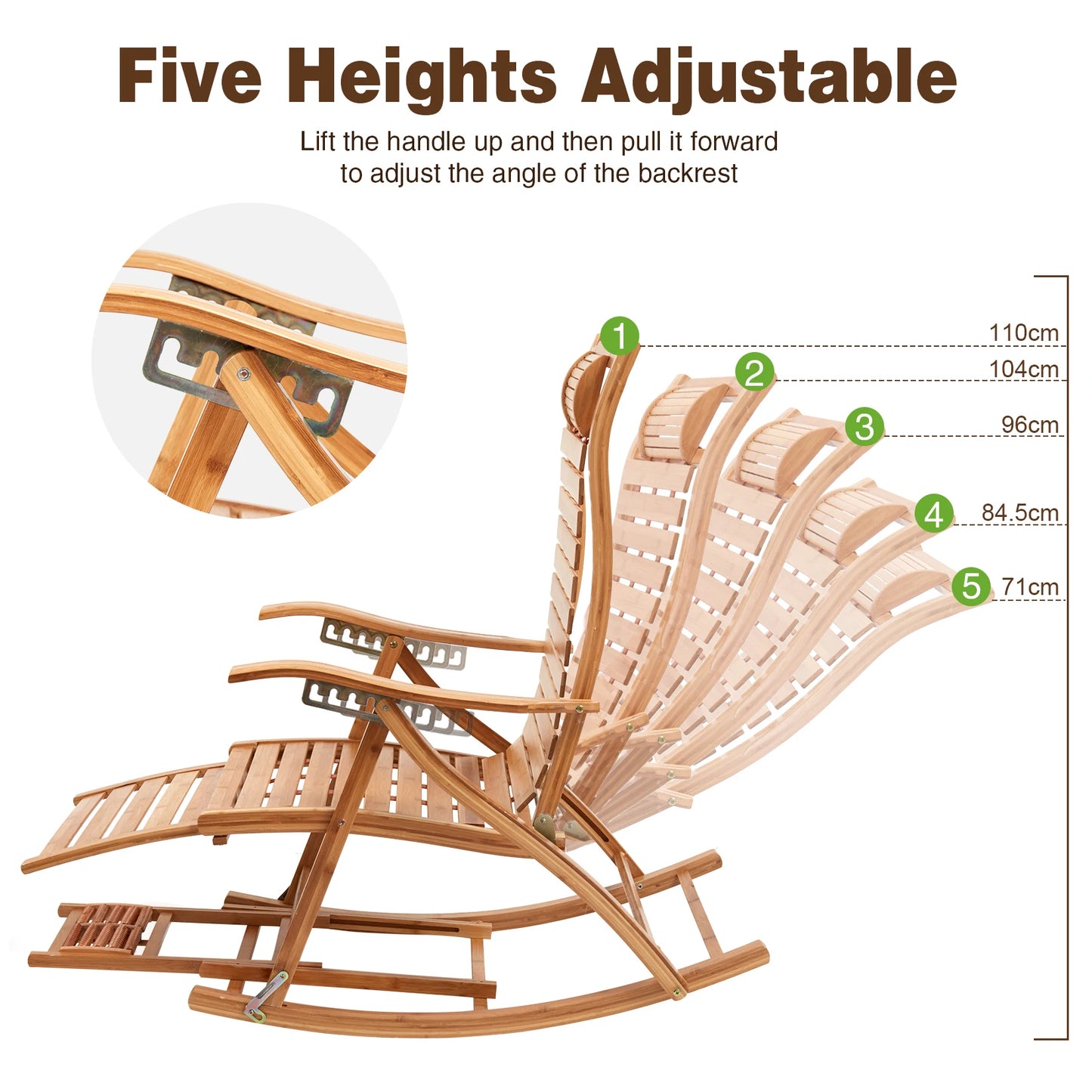 Bamboo Heavy Duty Folding Rocking Chair Adjustable Indoor Outdoor