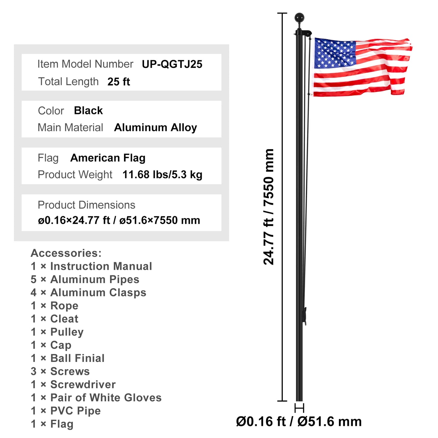 SucceBuy Heavy Duty Aluminum Flagpole Kit With American Flag