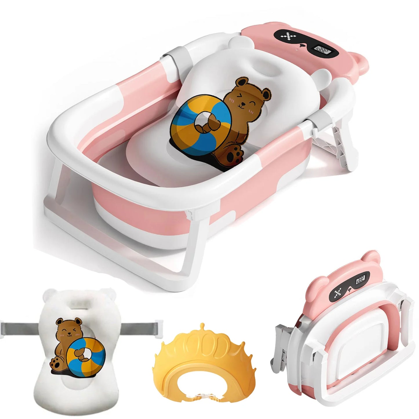 Foldable Baby Bath Tub With Cushion And Thermometer And Shower Cap And Brush