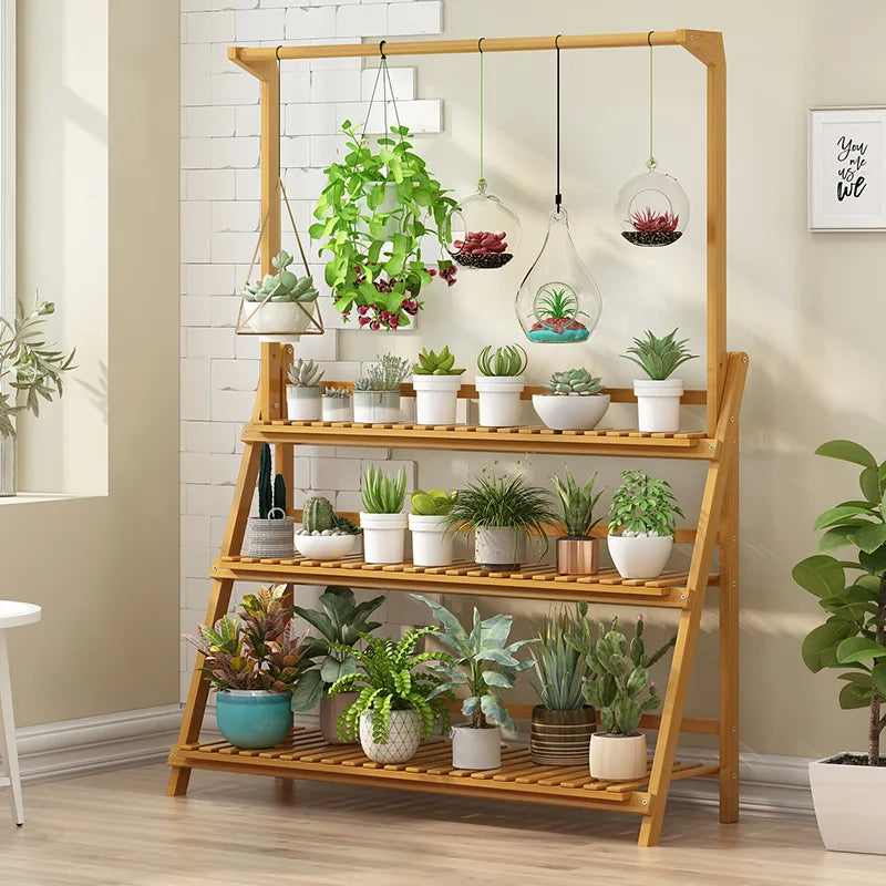 Folding Bamboo 3 Tier Plant Stand Ladder Style Indoor Outdoor