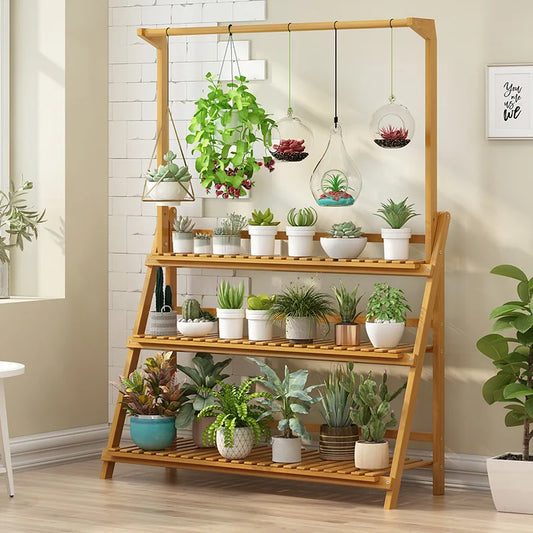 Folding Bamboo 3 Tier Plant Stand Ladder Style Indoor Outdoor