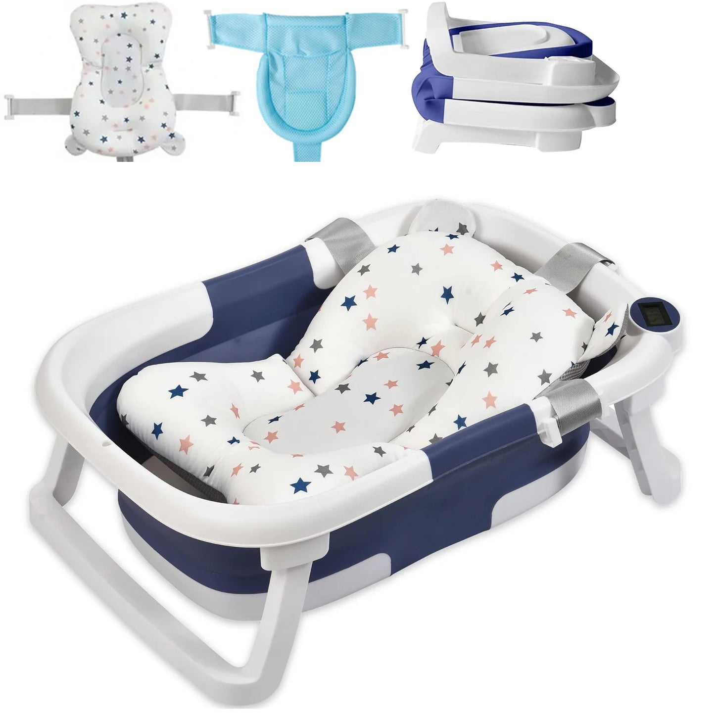 Foldable Baby Bath Tub With Cushion And Thermometer And Shower Cap And Brush